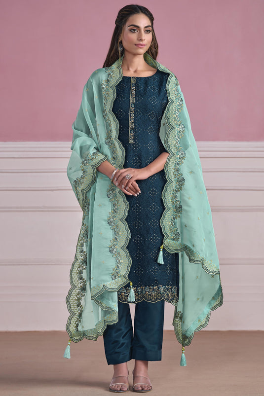Festive Wear Embroidered Chiffon Fabric Straight Cut Suit In Teal Color