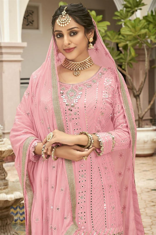 Georgette Fabric Embellished Function Wear Pink Color Palazzo Suit