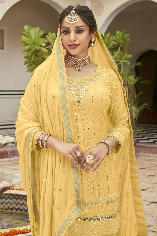 Georgette Fabric Tempting Function Wear Palazzo Suit In Yellow Color