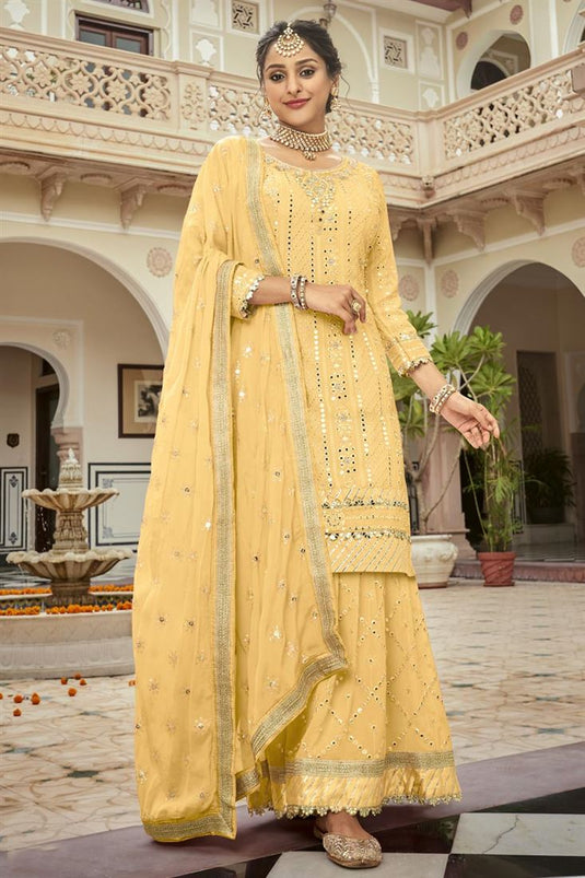 Georgette Fabric Tempting Function Wear Palazzo Suit In Yellow Color