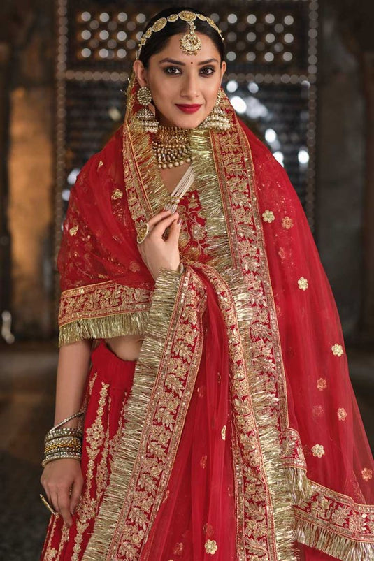Stunning Velvet Fabric Red Color Bridal Look Lehenga