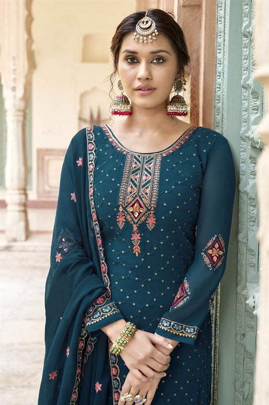 Appealing Teal Color Georgette Fabric Palazzo Suit