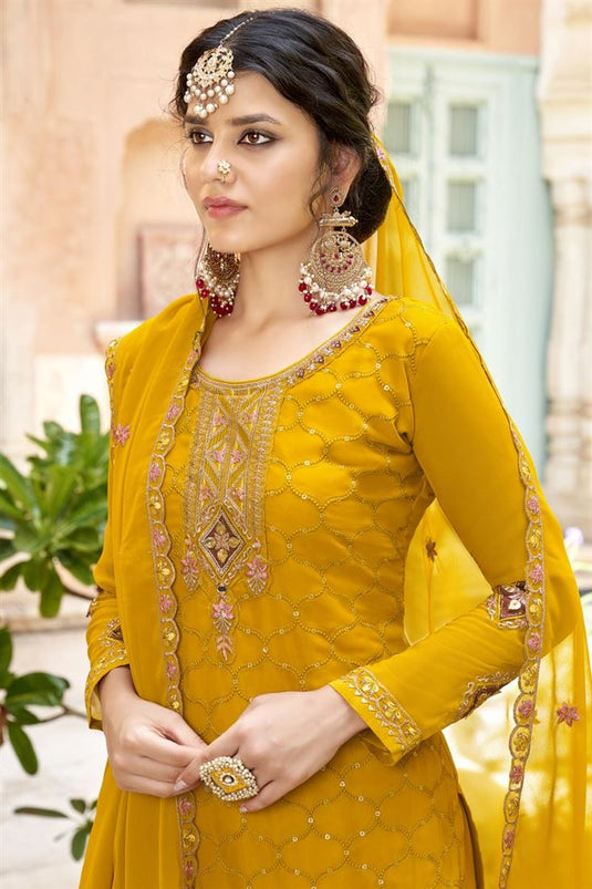 Ingenious Georgette Fabric Yellow Color Palazzo Suit