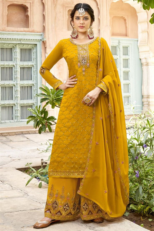 Ingenious Georgette Fabric Yellow Color Palazzo Suit