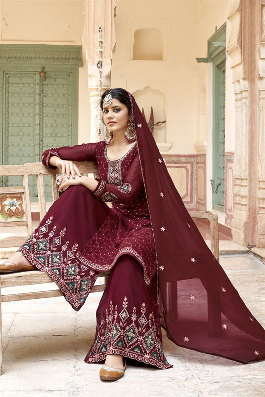 Beguiling Maroon Color Georgette Fabric Palazzo Suit