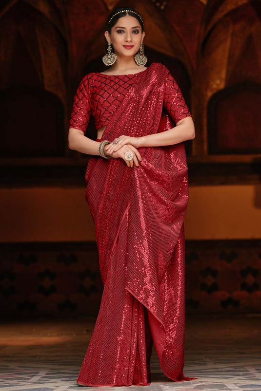 Georgette Fabric Red Color Party Wear Saree With Dazzling Sequins Work