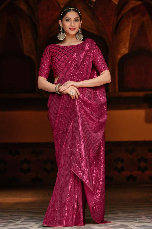 Sparkling Sequins Work On Rani Color Georgette Fabric Party Wear Winsome Saree