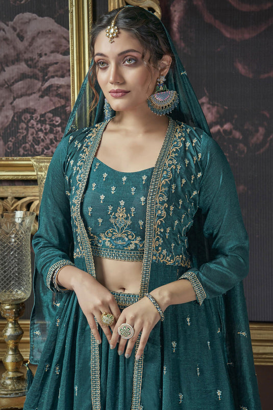 Embroidered Teal Color Fashionable Readymade Lehenga With Long koti In Art Silk Fabric