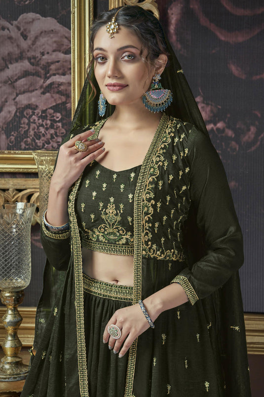 Art Silk Fabric Embroidered Magnificent Readymade Lehenga With Long koti In Mehendi Green Color