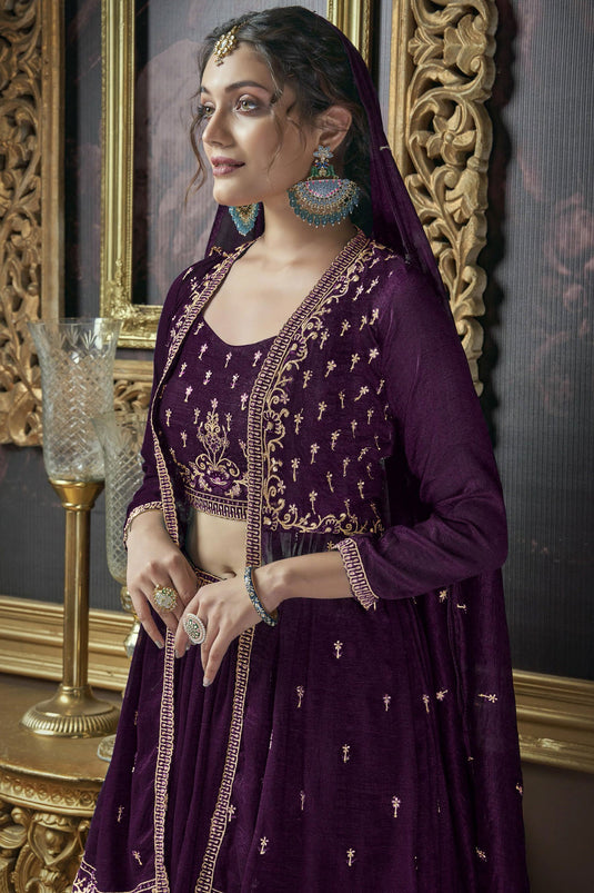 Purple Color Embroidered Luminous Readymade Lehenga With Long koti In Art Silk Fabric