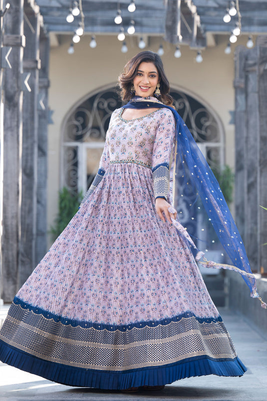 Function Wear Georgette Printed Grey Color Readymade Gown With Dupatta