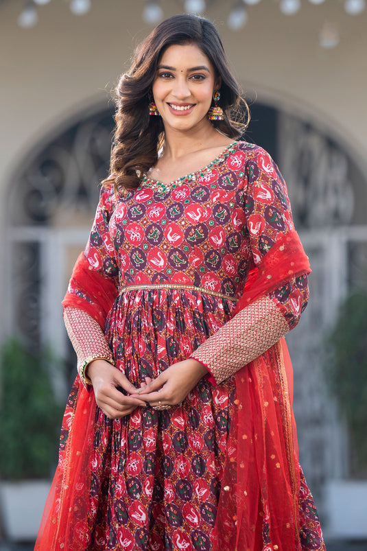 Stylish Printed Georgette Red Color Readymade Gown With Dupatta For Function