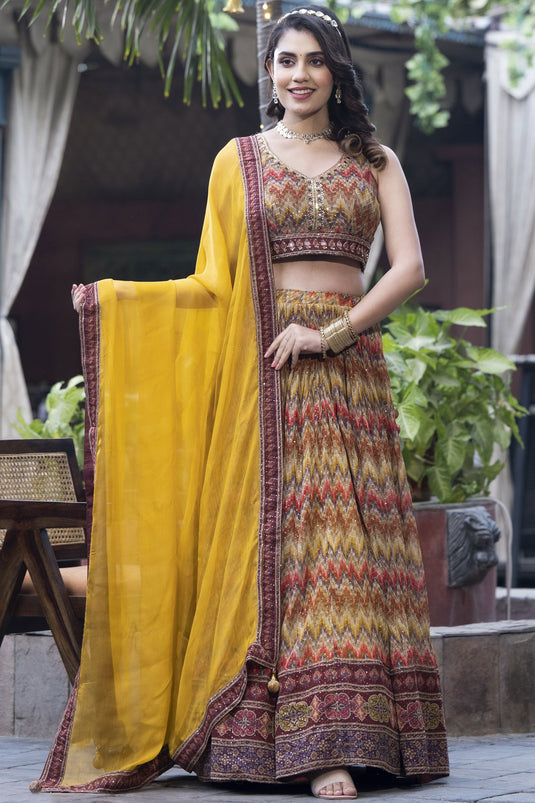 Multi Color Sangeet Wear Readymade Lehenga Choli In Chinon Fabric
