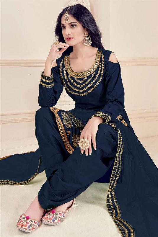 Art Silk Gorgeous Embroidered Navy Blue Color Function Wear Patiala Salwar Suit