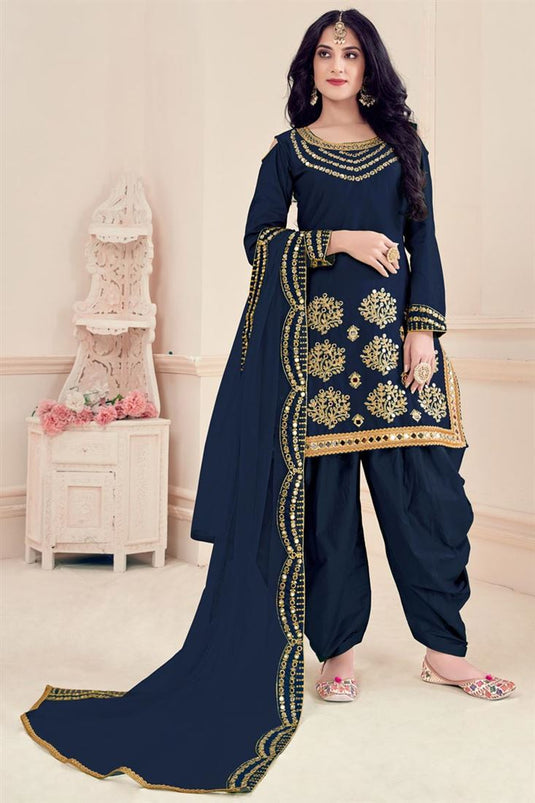 Art Silk Gorgeous Embroidered Navy Blue Color Function Wear Patiala Salwar Suit