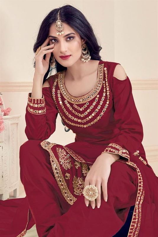 Pretty Art Silk Fabric Embroidered Maroon Color Festive Wear Patiala Suit