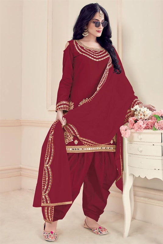 Pretty Art Silk Fabric Embroidered Maroon Color Festive Wear Patiala Suit