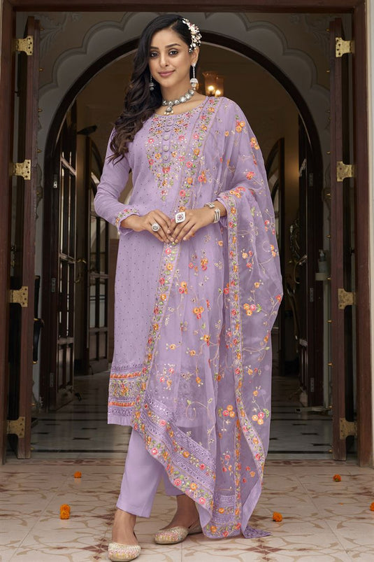 Lavender Color Georgette Fabric Embroidered Salwar Suit