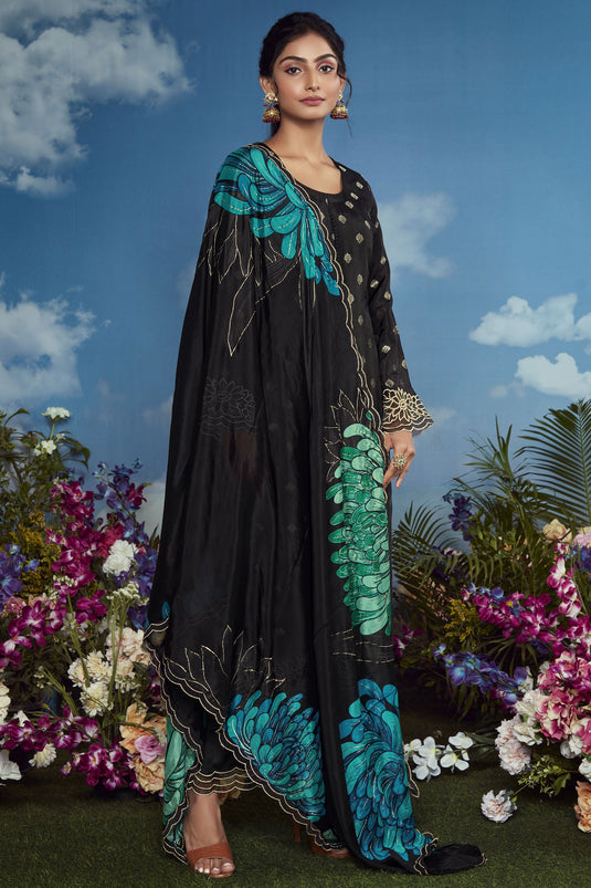 Function Wear Black Color Embroidered Palazzo Salwar Suit In Organza Fabric