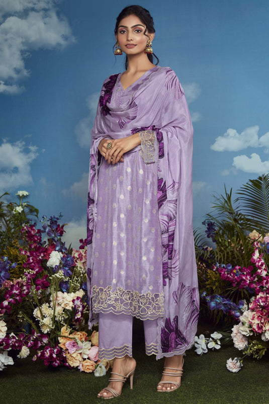 Lavender Color Function Wear Embroidered Palazzo Salwar Suit In Organza Fabric