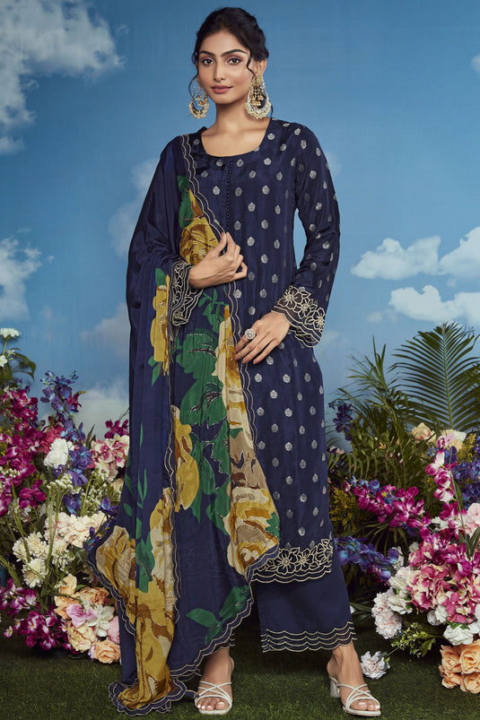 Function Wear Embroidered Organza Fabric Palazzo Salwar Kameez In Navy Blue Color