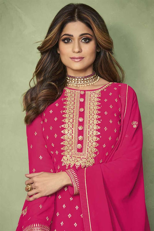 Rani Color Georgette Fabric Function Wear Embroidered Work Delicate Anarkali Suit Featuring Shamita Shetty
