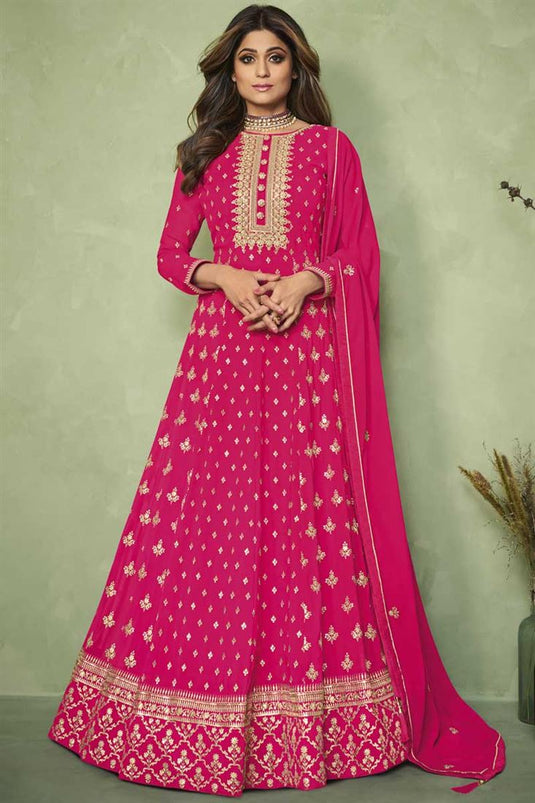 Rani Color Georgette Fabric Function Wear Embroidered Work Delicate Anarkali Suit Featuring Shamita Shetty