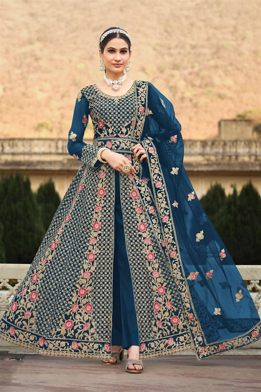 Dusty Blue Butterfly Net Embroidered Work Anarkali Suit