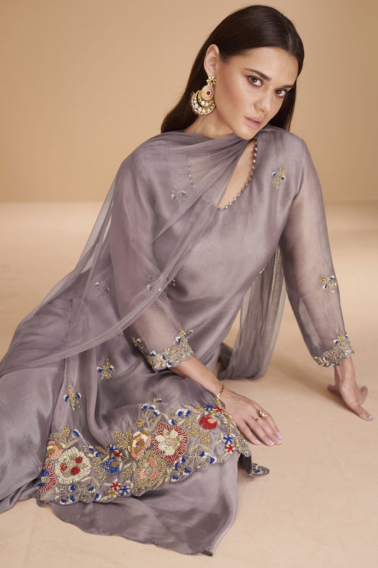 Organza Silk Fabric Lavender Color Marvellous Readymade Sharara Suit