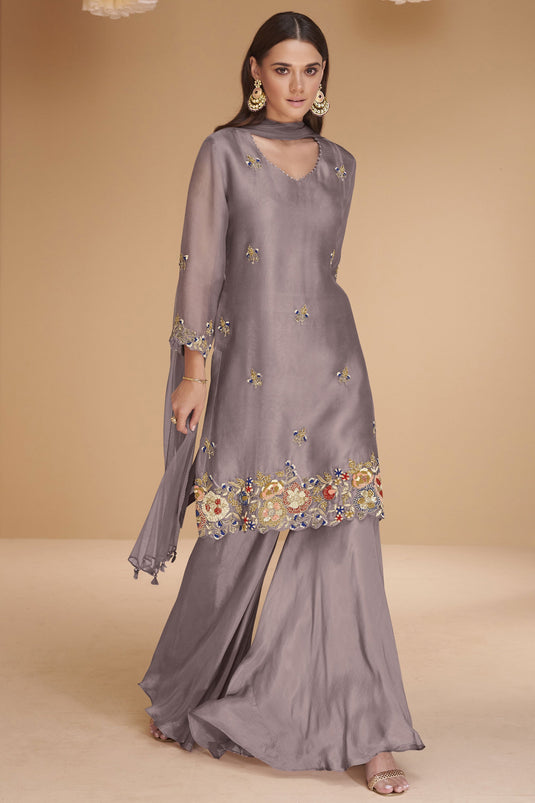 Organza Silk Fabric Lavender Color Marvellous Readymade Sharara Suit