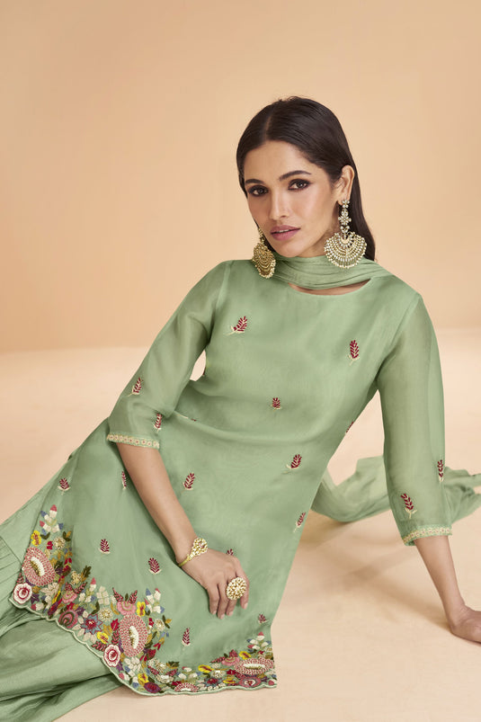 Alluring Organza Silk Fabric Readymade Sharara Suit In Sea Green Color
