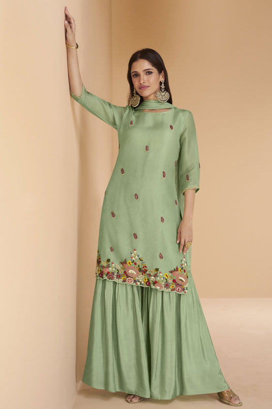 Alluring Organza Silk Fabric Readymade Sharara Suit In Sea Green Color