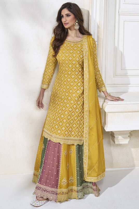 Chinon Silk Fabric Yellow Color Function Wear Readymade Designer Sharara Top Lehenga