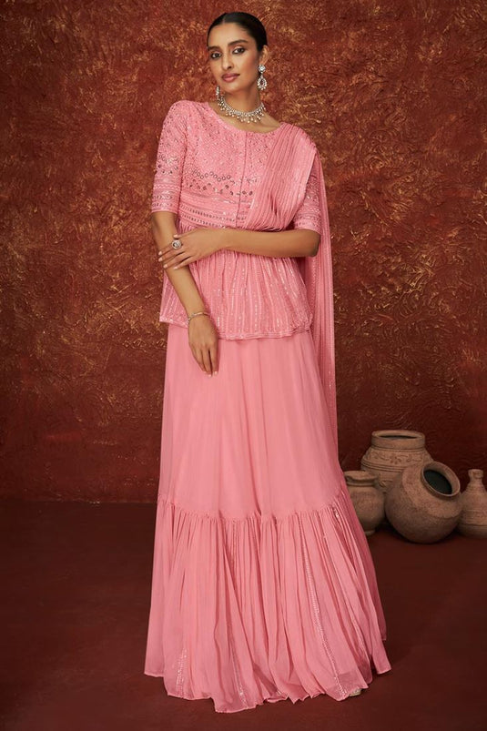 Pink Color Embroidered Attractive Georgette Palazzo Suit