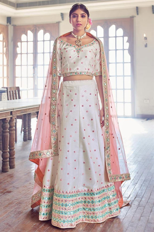 Silk Fabric Wedding Function Wear Off White Color Embroidered Lehenga