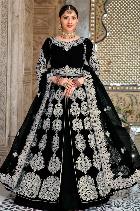 Sangeet Wear Velvet Fabric Black Color Magnificent Sharara Top Lehenga