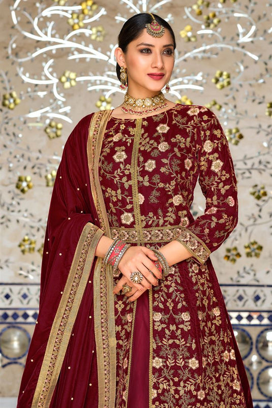 Mesmeric Velvet Fabric Sangeet Wear Sharara Top Lehenga In Maroon Color