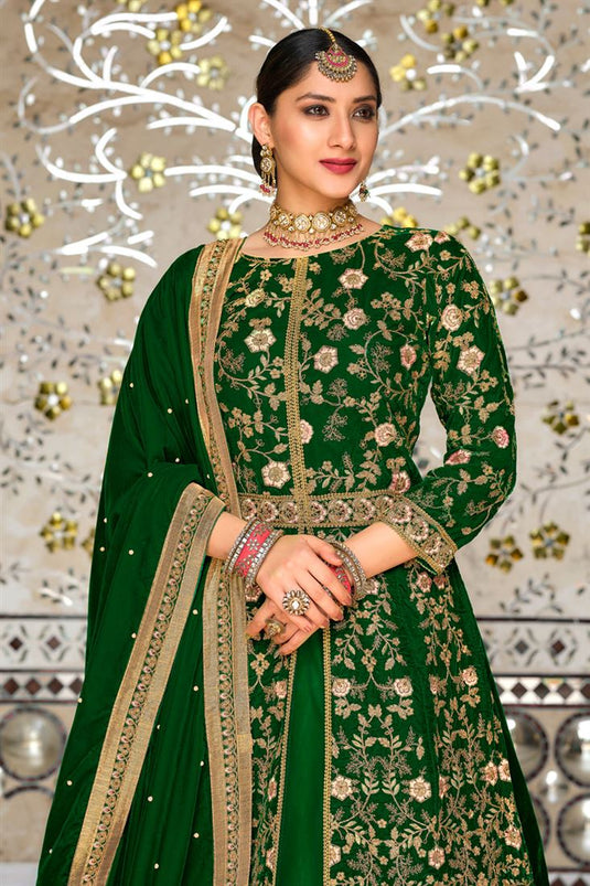 Wondrous Velvet Fabric Sangeet Wear Sharara Top Lehenga In Green Color