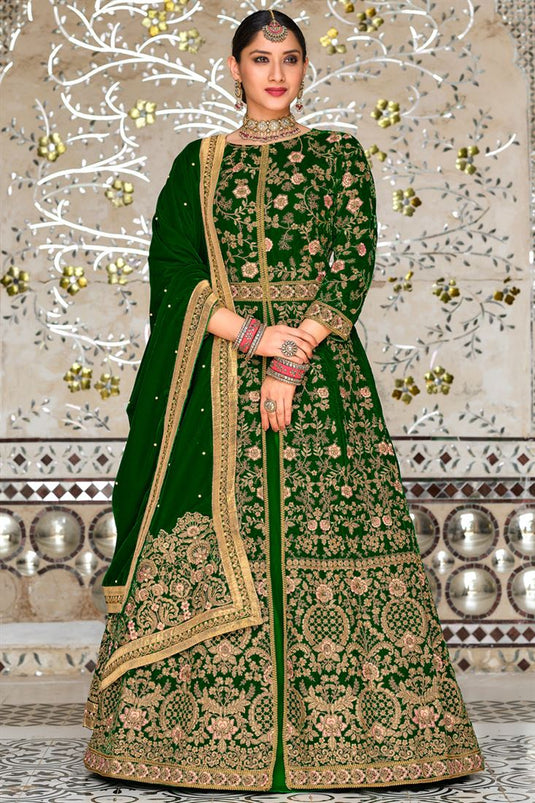Wondrous Velvet Fabric Sangeet Wear Sharara Top Lehenga In Green Color