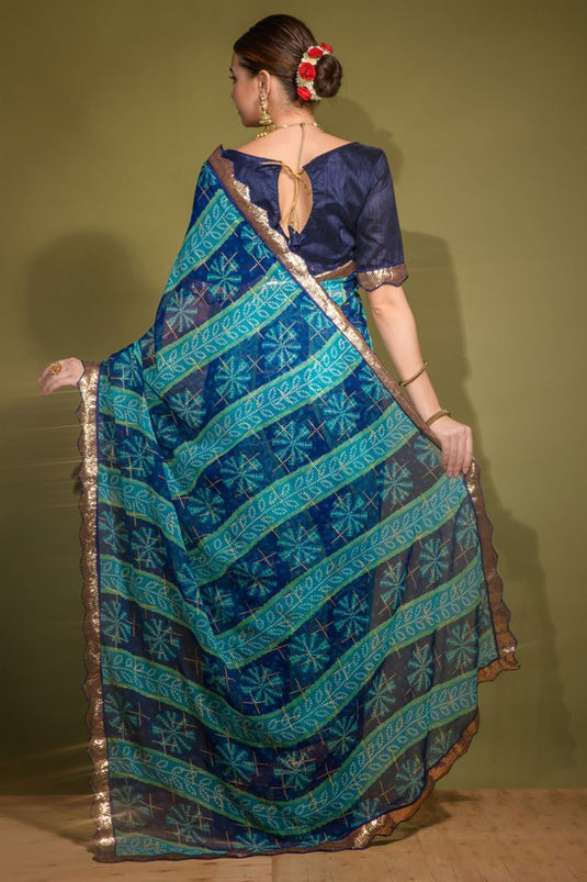 Ocean Blue Georgette Chiffon Saree with Foil Printed Work