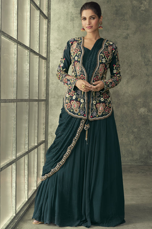 Dove Green Color Georgette Fabric Ready To Wear Gown With Embroidered Jacket