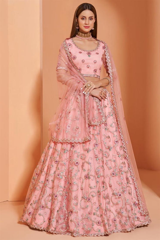 Wedding Function Wear Velvet Fabric Embroidered Lehenga Choli In Pink Color