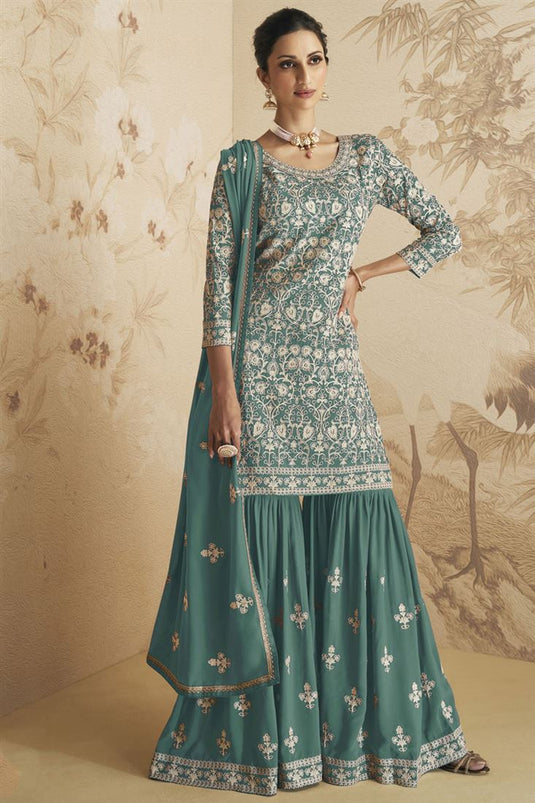 Georgette Fabric Teal Color Winsome Sharara Suit For Function