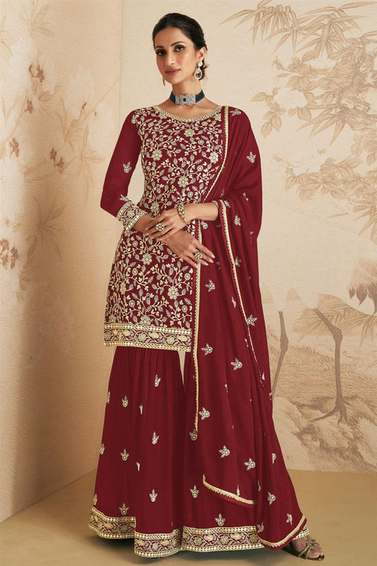 Maroon Color Georgette Fabric Admirable Sharara Suit In Function Wear