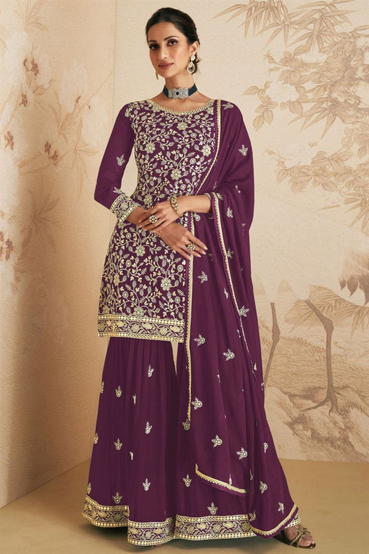 Purple Color Georgette Fabric Function Wear Divine Sharara Suit