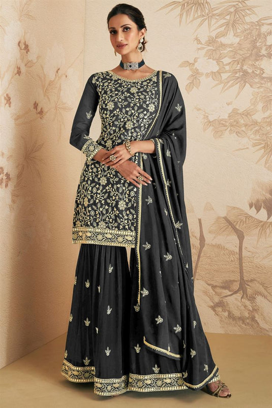 Function Wear Georgette Fabric Grey Color Mesmeric Sharara Suit