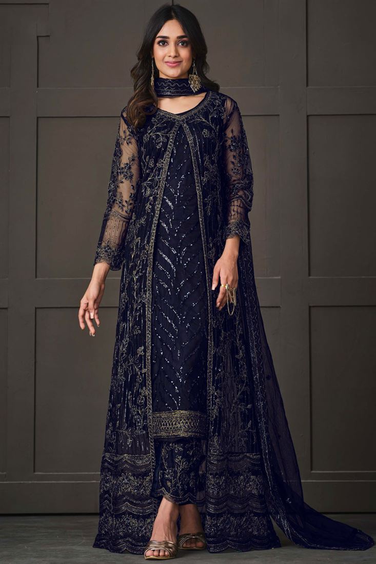 Party Style Navy Blue Color Net Fabric Salwar Suit With Koti