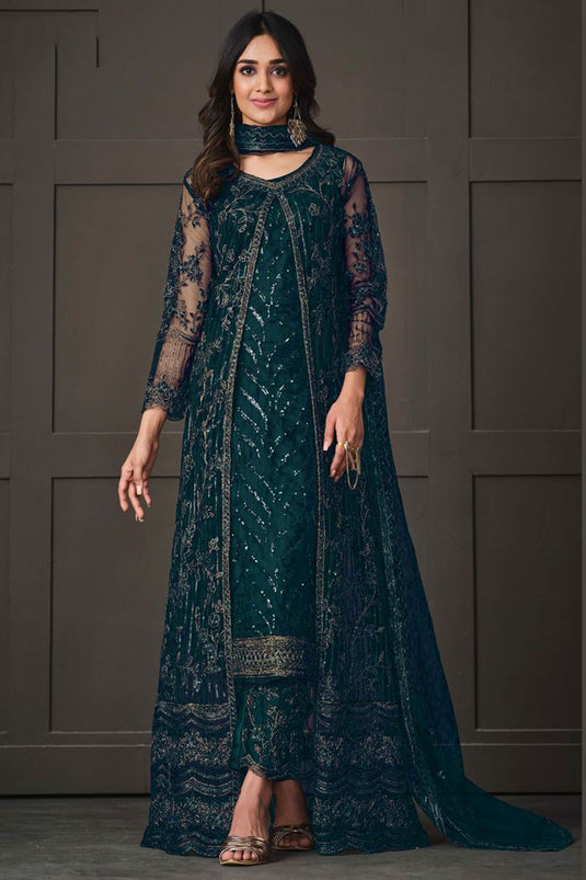 Net Fabric Party Style Salwar Suit With Koti In Teal Color