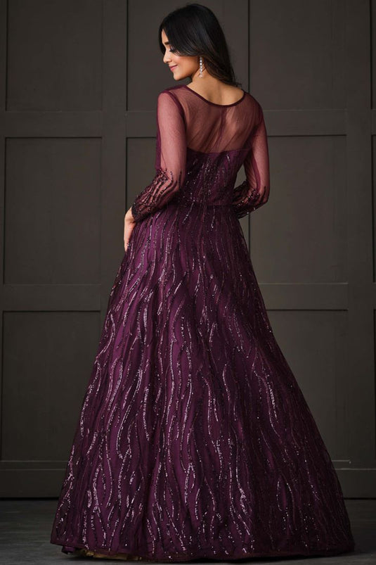 Trendy Purple Color Net Fabric Anarkali Suit With Sequins Work