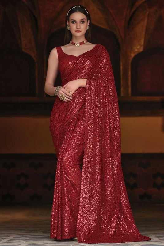 Glittering Sequins Work On Party Wear Georgette Saree In Red Color
